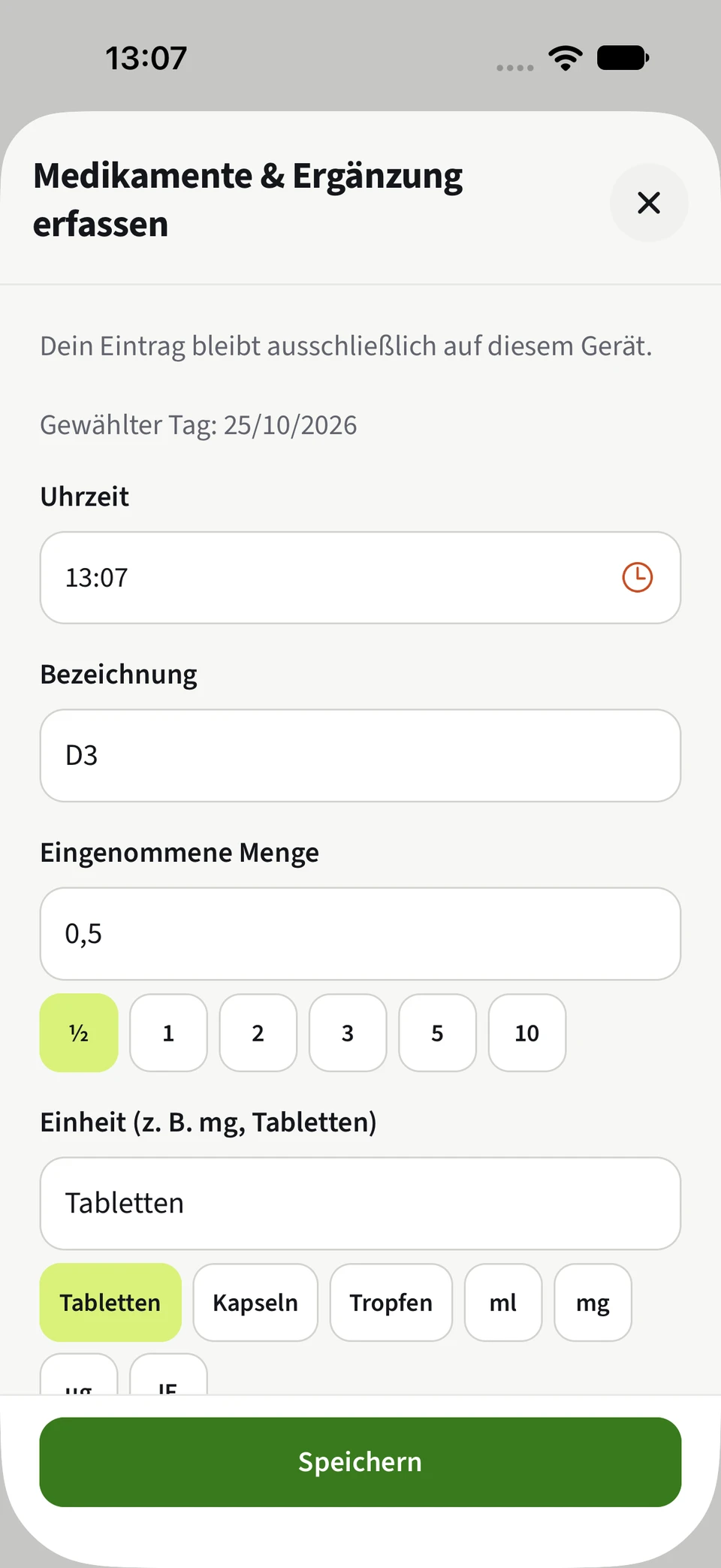 Best4Myself Medikamenteneingabe mit auswählbaren Mengen und Einheiten sowie grünem Speichern-Button.