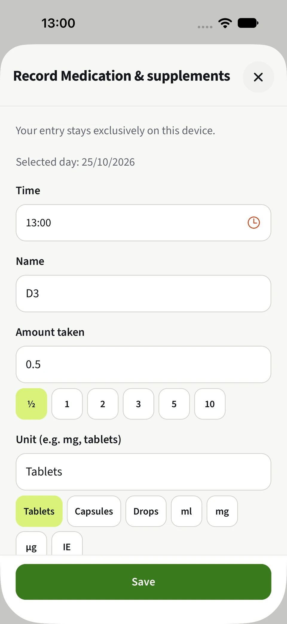 Best4Myself medication form with amount and unit presets and a green save button.