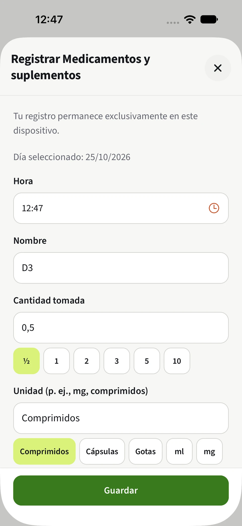 Formulario de medicamentos de Best4Myself con cantidades y unidades seleccionables y botón Guardar verde.