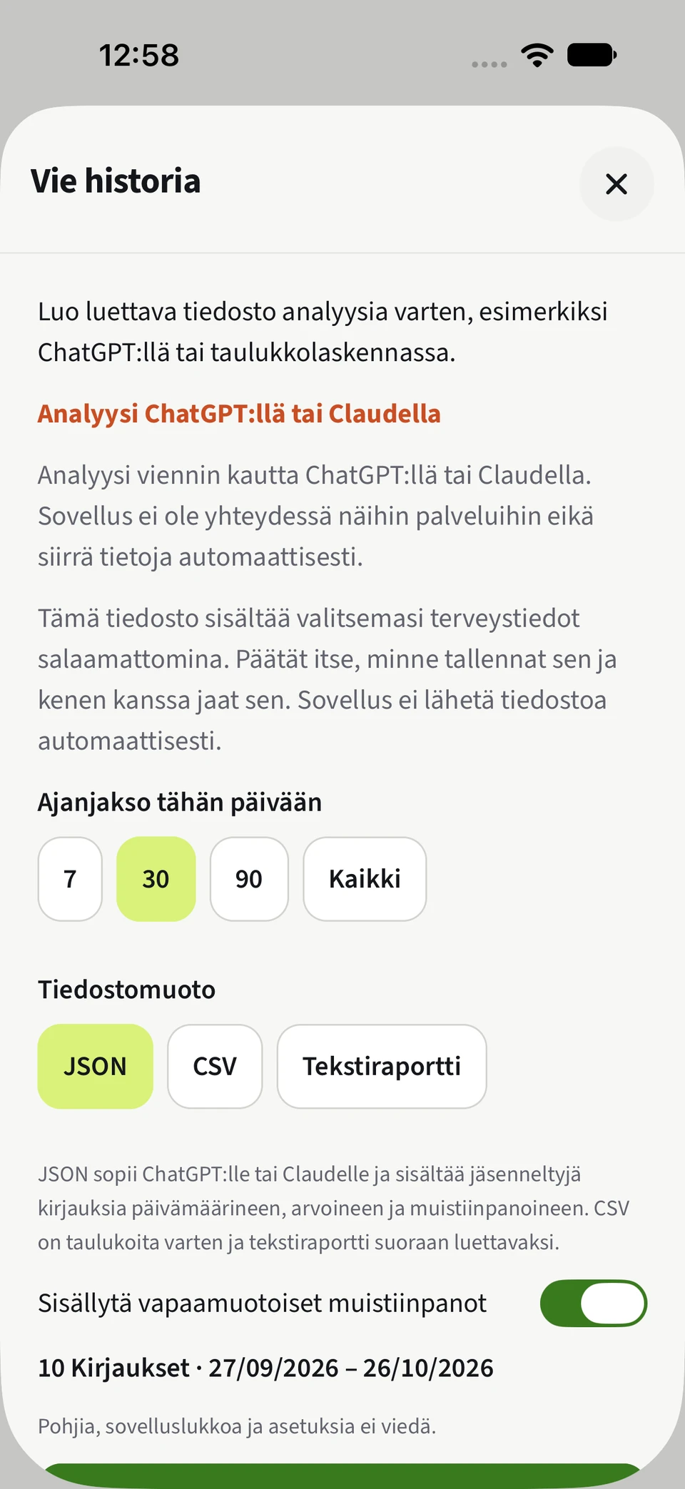 Hyödynnä tietojasi lisää. – JSON, CSV, Päivämuistiinpanot.