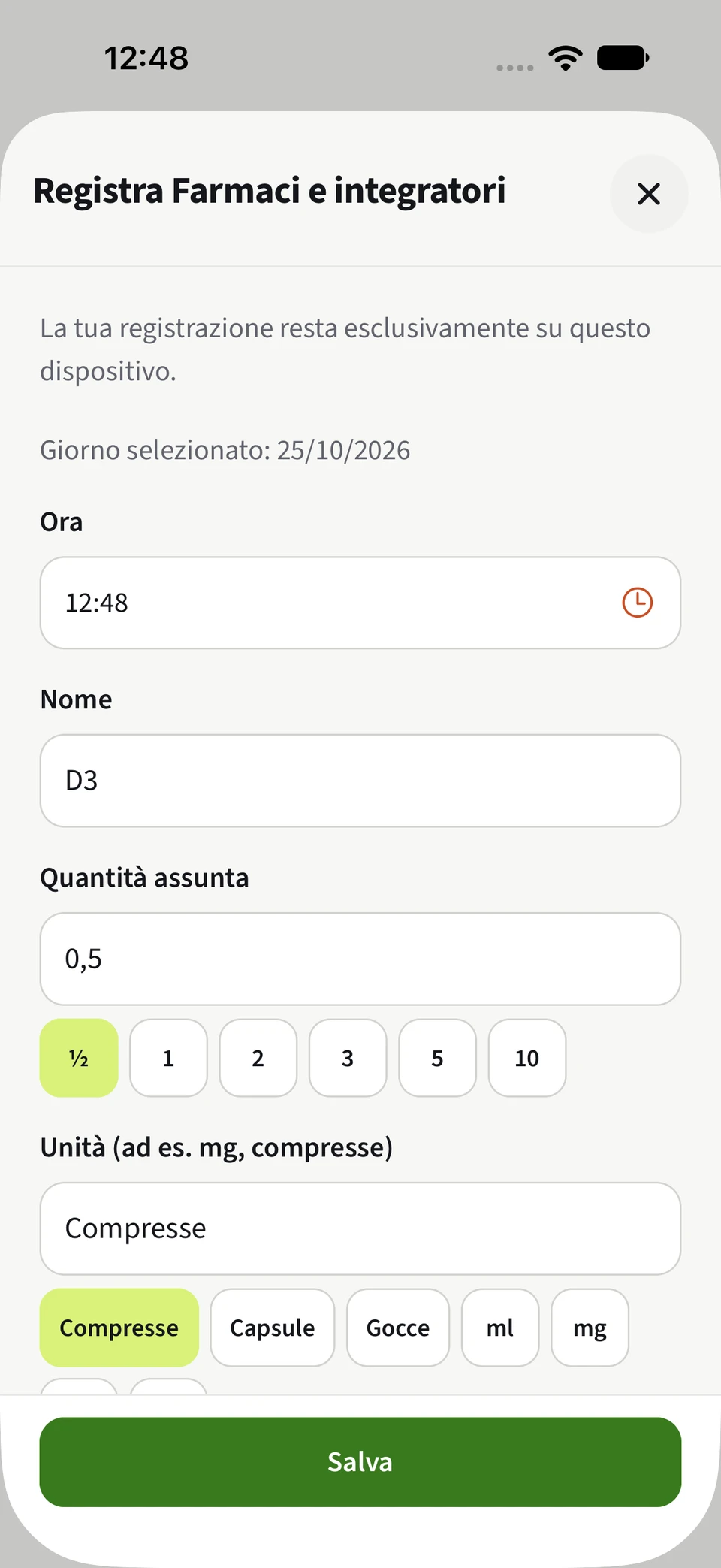 Modulo farmaci di Best4Myself con quantità e unità selezionabili e pulsante Salva verde.