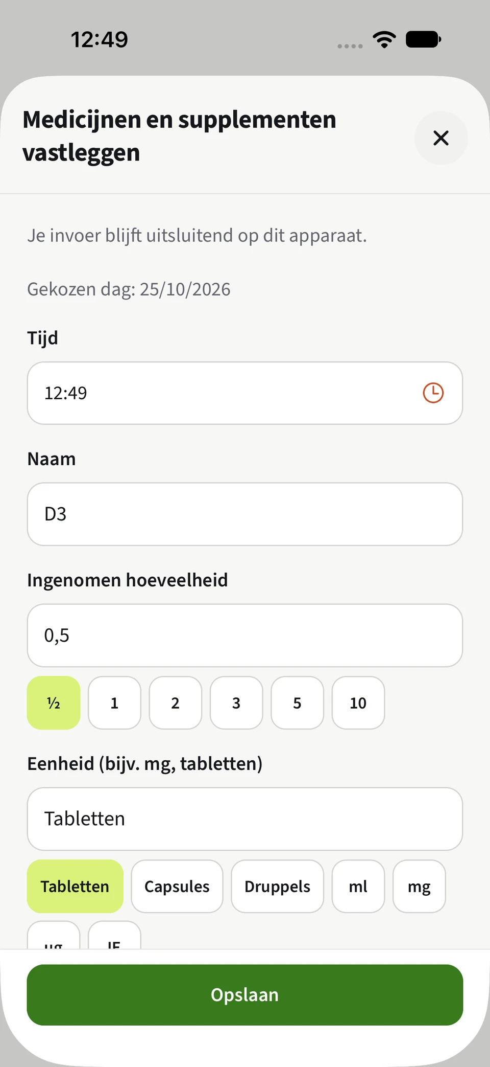 Medicijnformulier in Best4Myself met keuzewaarden voor hoeveelheid en eenheid en een groene knop Opslaan.