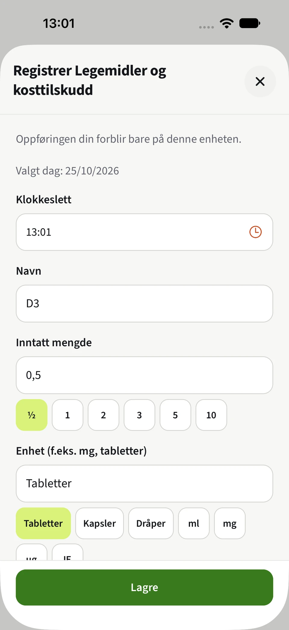 Best4Myself legemiddelregistrering med valg av mengder og enheter og en grønn lagreknapp.