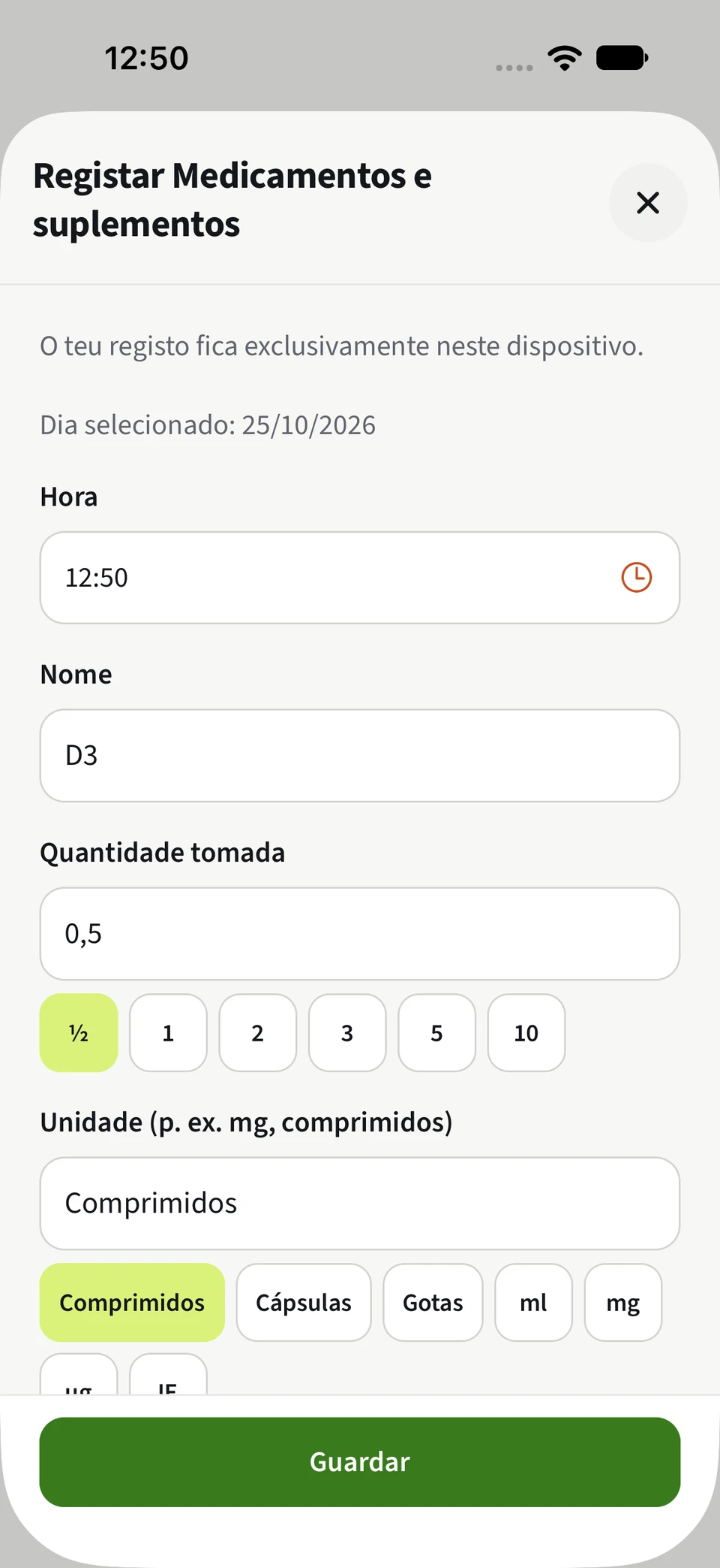Formulário de medicamentos do Best4Myself com quantidades e unidades selecionáveis e botão Guardar verde.