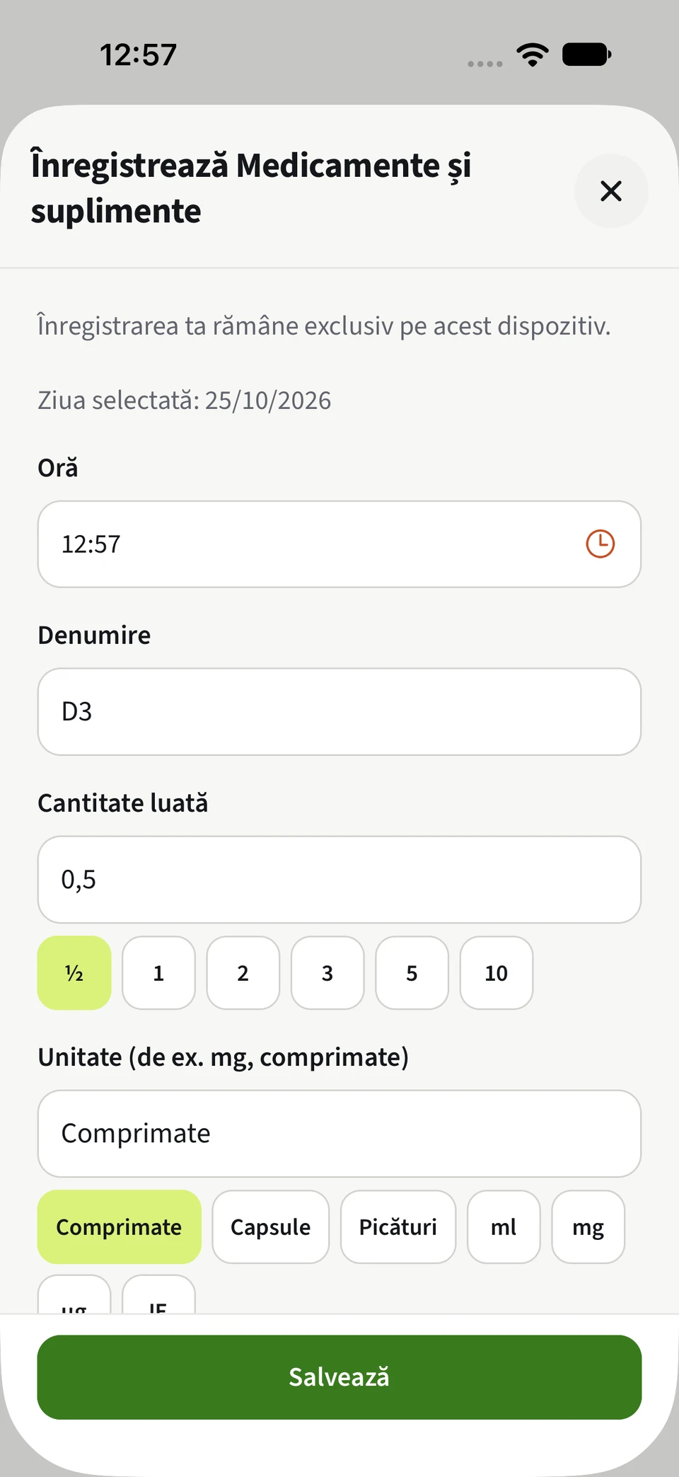 Formular de medicamente Best4Myself cu cantități și unități selectabile și buton verde de salvare.