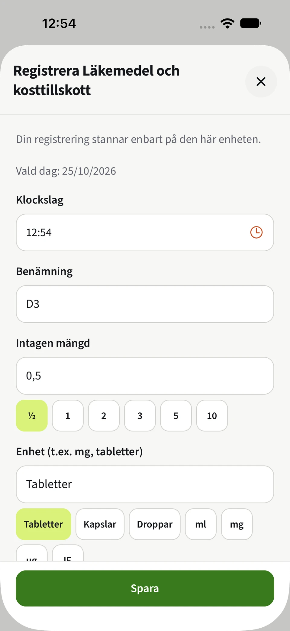 Best4Myself läkemedelsregistrering med valbara mängder och enheter och en grön spara-knapp.